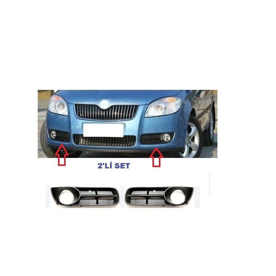 Tampon Orta Izgarası Sağ Sol Sis Farı Kapağı  Set Skoda Fabıa (2008-2010) Roomster (2007-2010)