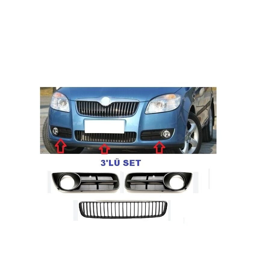 Tampon Orta Izgarası Sağ Sol Sis Farı Kapağı  Set Skoda Fabıa (2008-2010) Roomster (2007-2010)