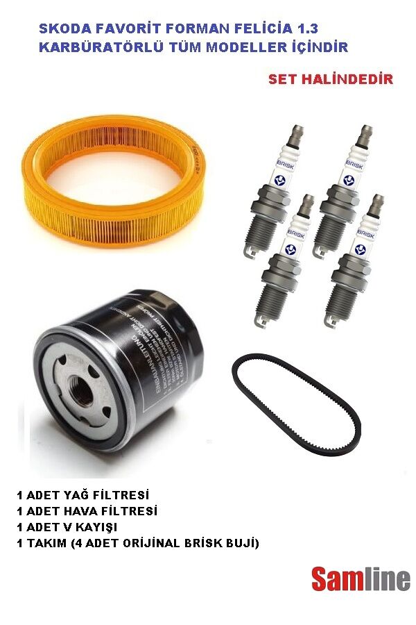 Bakım Seti Skoda Favorit Forman Felicia 1.3 Karbüratörlü Buji-V Kayışı-Yağ-Hava Filtresi Takımı
